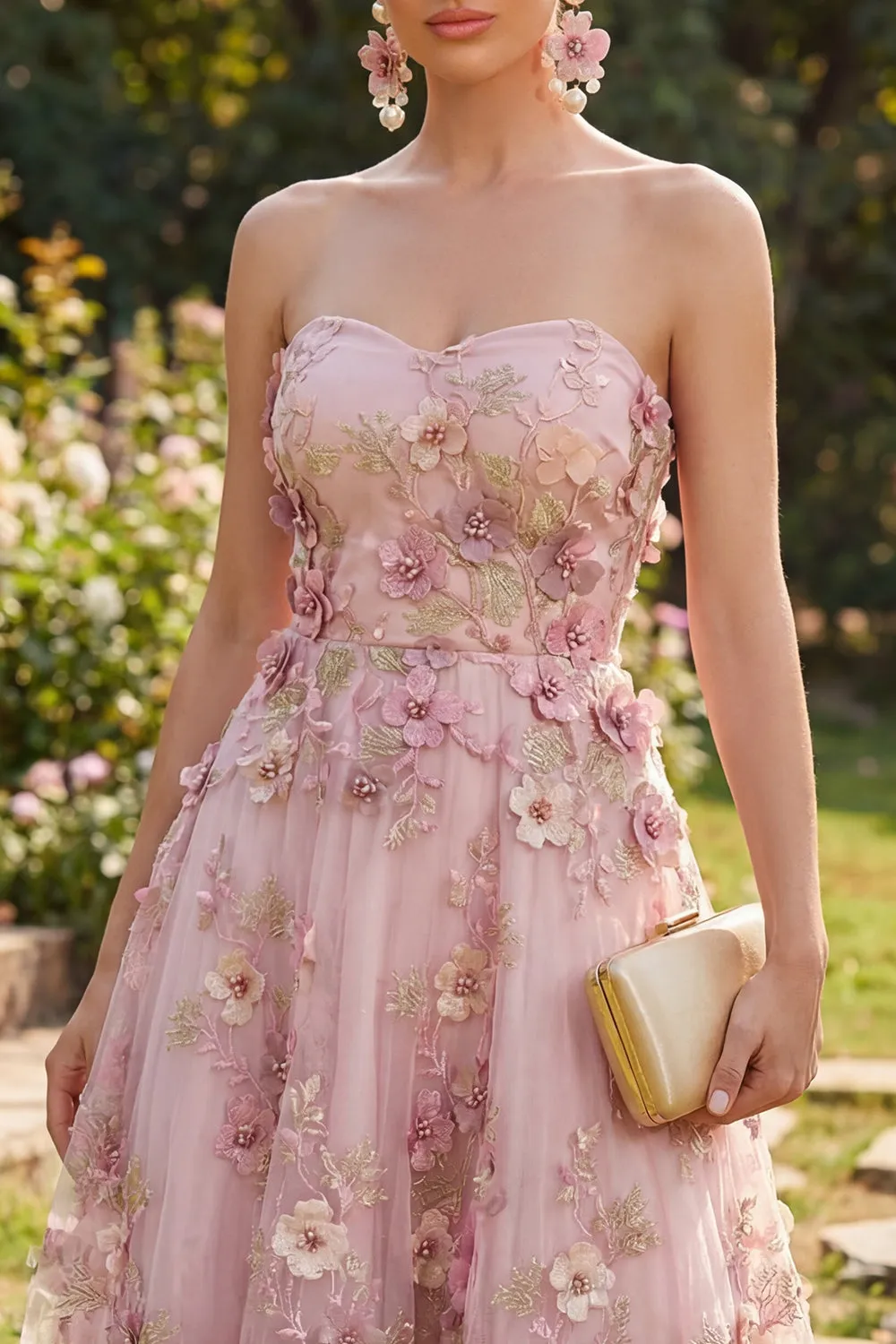 A-Line Tulle Sweetheart Pink Fuchsia Appliqued Floral Midi Dress sold by Zapaka product image thumbnail 3