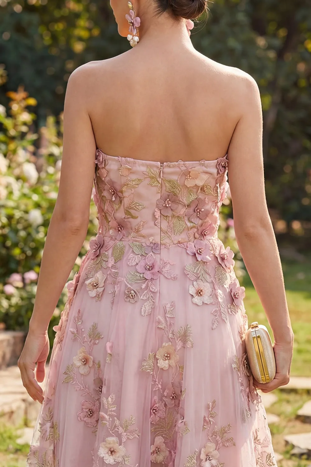 A-Line Tulle Sweetheart Pink Fuchsia Appliqued Floral Midi Dress sold by Zapaka product image thumbnail 4