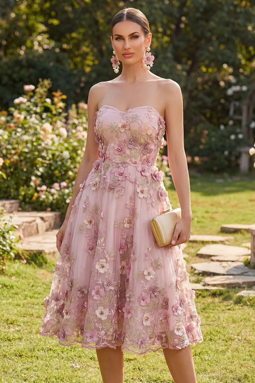 A-Line Tulle Sweetheart Pink Fuchsia Appliqued Floral Midi Dress sold by Zapaka