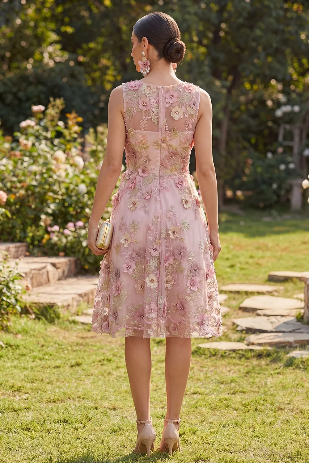 A-Line Tulle Pink Fuchsia V-Neck Appliqued Floral Midi Dress sold by Zapaka product image thumbnail 2