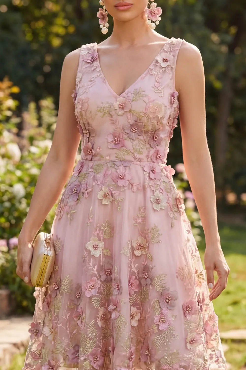 A-Line Tulle Pink Fuchsia V-Neck Appliqued Floral Midi Dress sold by Zapaka product image thumbnail 3
