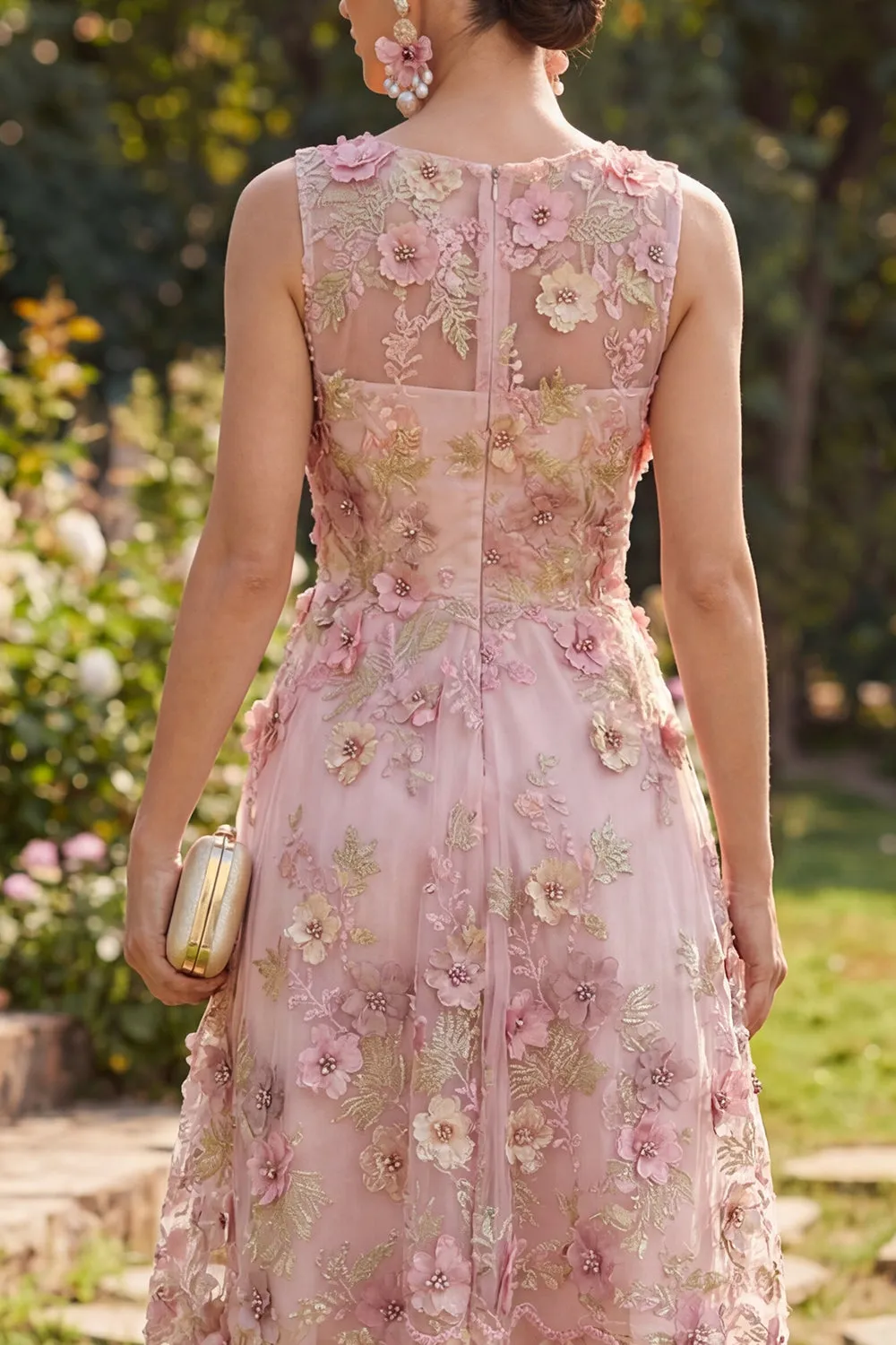 A-Line Tulle Pink Fuchsia V-Neck Appliqued Floral Midi Dress sold by Zapaka product image thumbnail 4