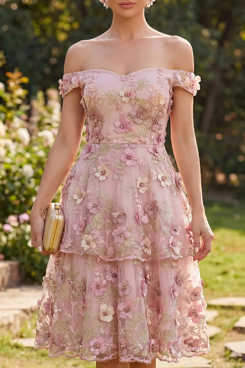 Pink Fuchsia A-Line Tulle Off the Shoulder Appliqued Floral Midi Dress sold by Zapaka product image thumbnail 3