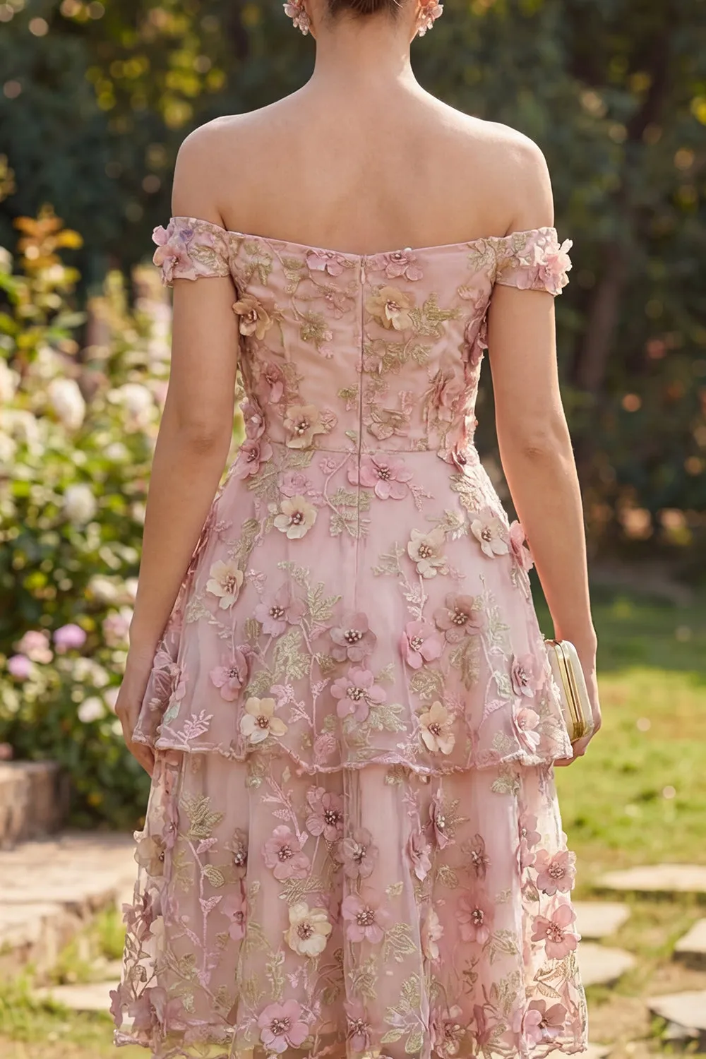 Pink Fuchsia A-Line Tulle Off the Shoulder Appliqued Floral Midi Dress sold by Zapaka product image thumbnail 4
