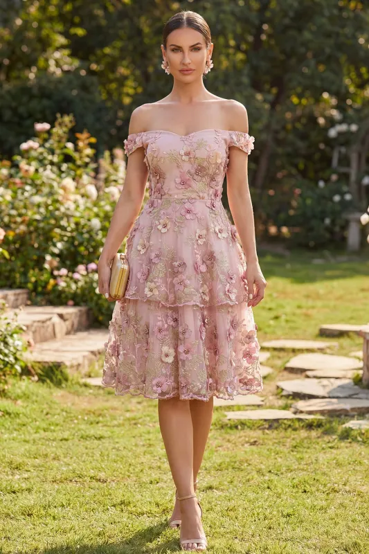 Pink Fuchsia A-Line Tulle Off the Shoulder Appliqued Floral Midi Dress made by Zapaka