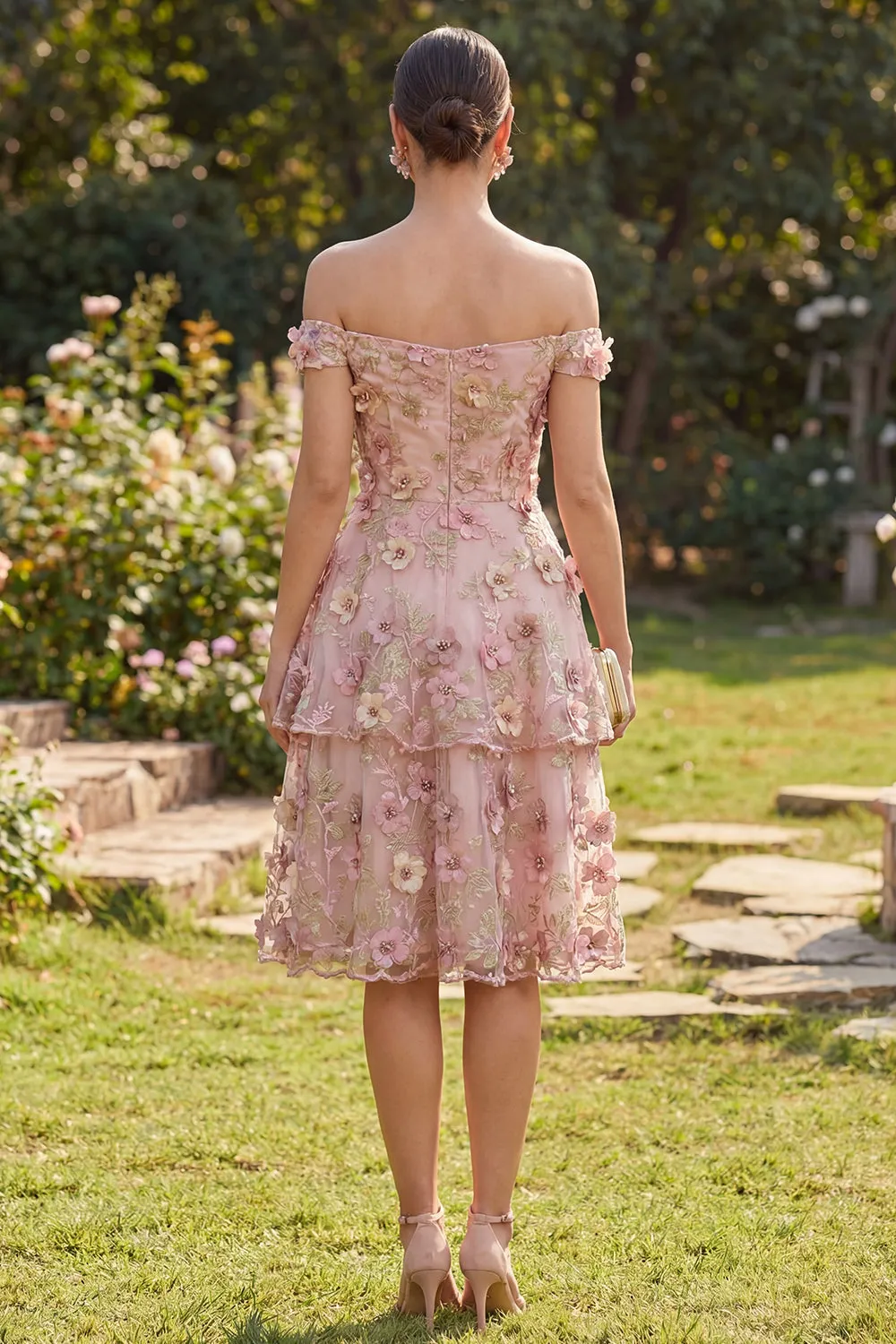 Pink Fuchsia A-Line Tulle Off the Shoulder Appliqued Floral Midi Dress sold by Zapaka product image thumbnail 2