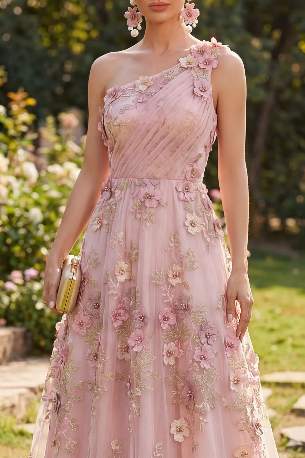 One Shoulder Pink Fuchsia A-Line Tulle Appliqued Ruched Long Floral Dress sold by Zapaka product image thumbnail 3