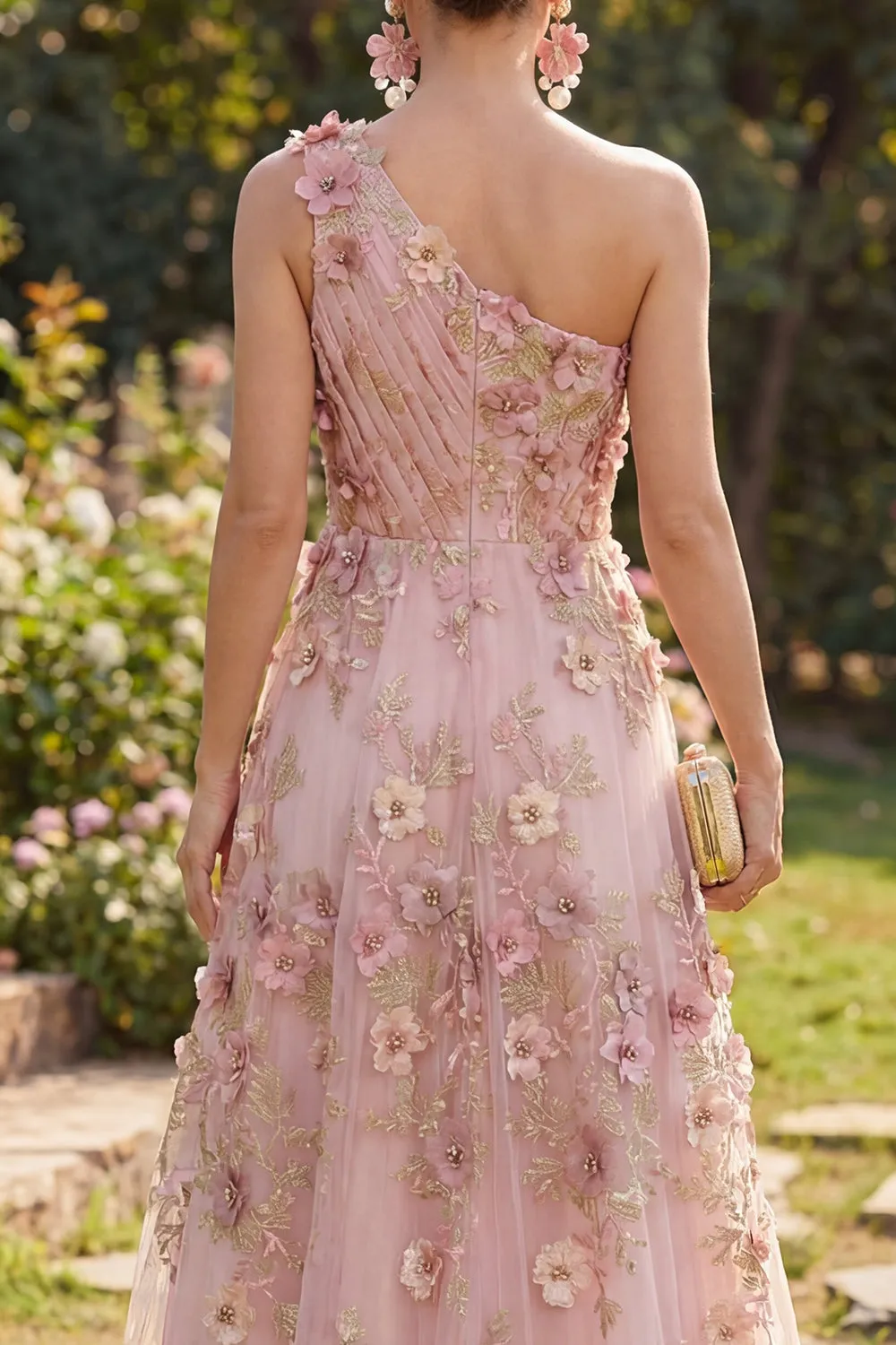 One Shoulder Pink Fuchsia A-Line Tulle Appliqued Ruched Long Floral Dress sold by Zapaka product image thumbnail 4