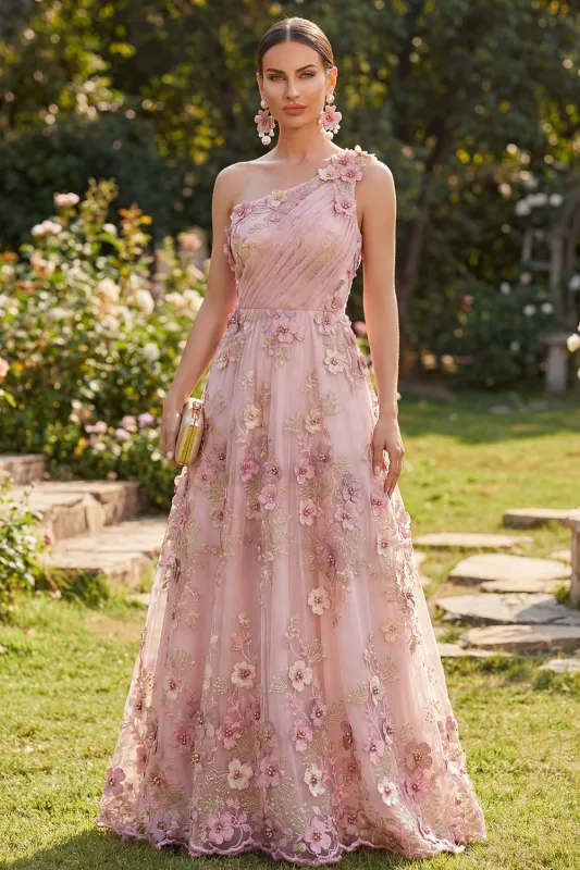 One Shoulder Pink Fuchsia A-Line Tulle Appliqued Ruched Long Floral Dress made by Zapaka