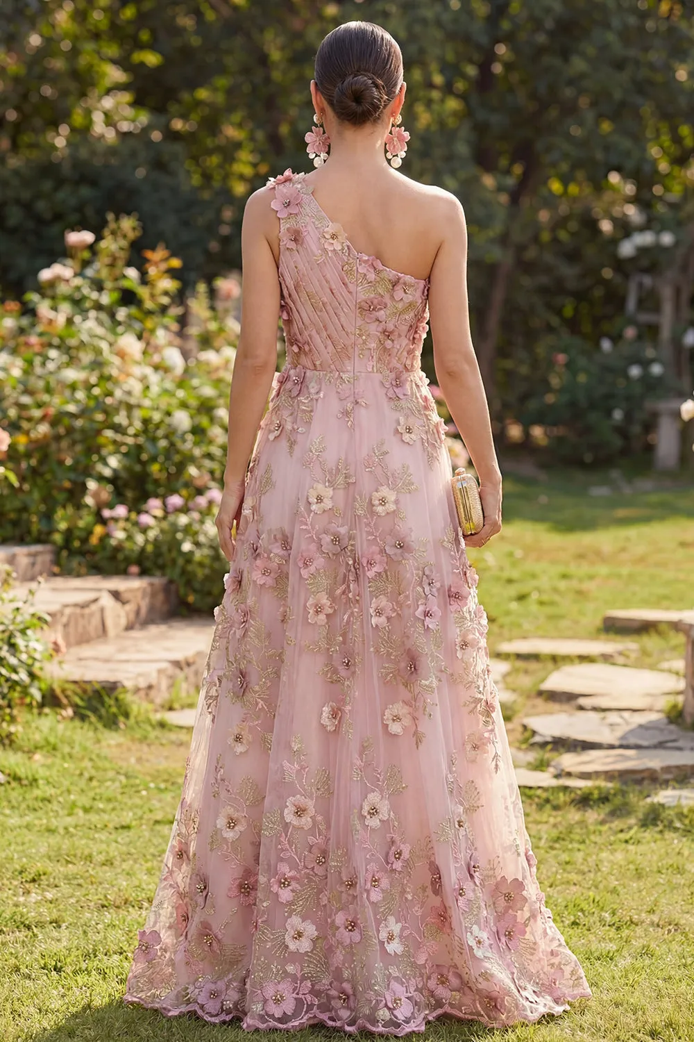 One Shoulder Pink Fuchsia A-Line Tulle Appliqued Ruched Long Floral Dress sold by Zapaka product image thumbnail 2