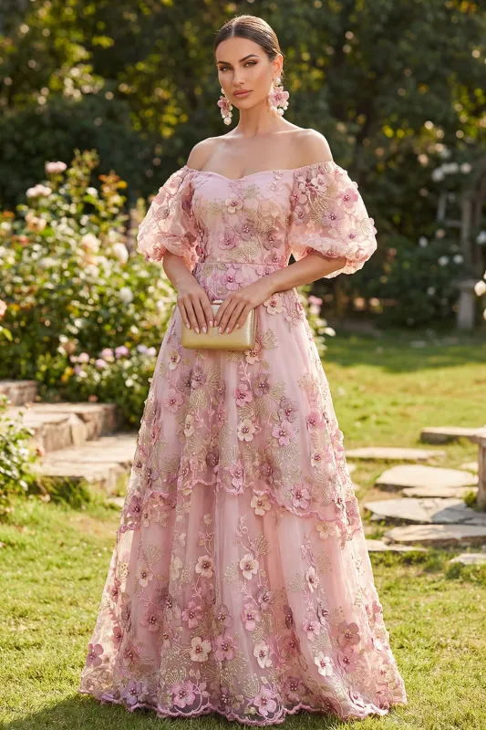 Off the Shoulder Pink Fuchsia A-Line Tulle Appliqued Long Floral Dress with Puff Sleeves made by Zapaka