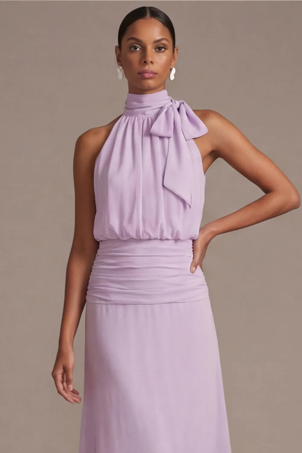 Lilac Floral A Line Halter Ruched Maxi Dress with Bow sold by Zapaka product image thumbnail 4