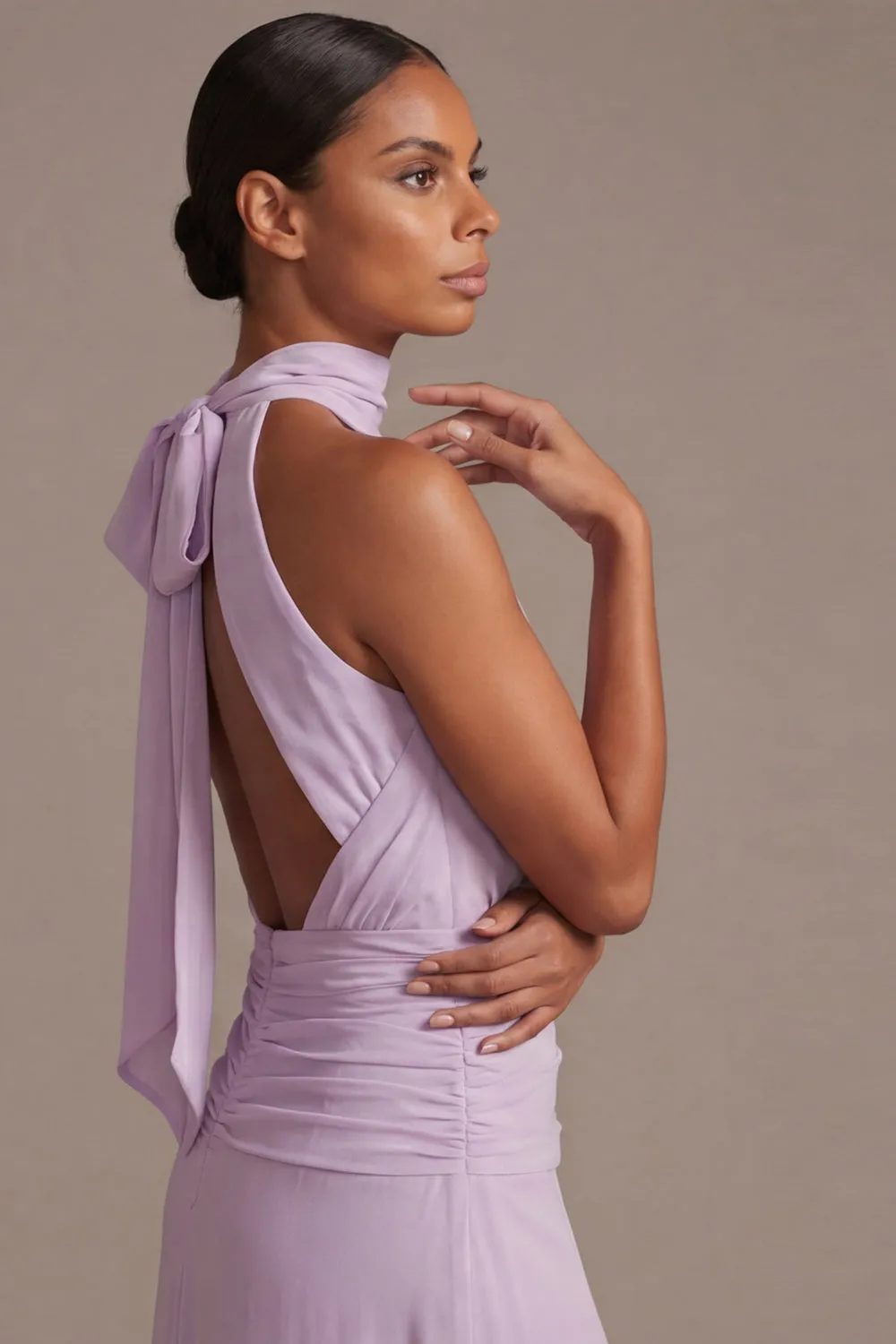 Lilac Floral A Line Halter Ruched Maxi Dress with Bow sold by Zapaka product image thumbnail 5