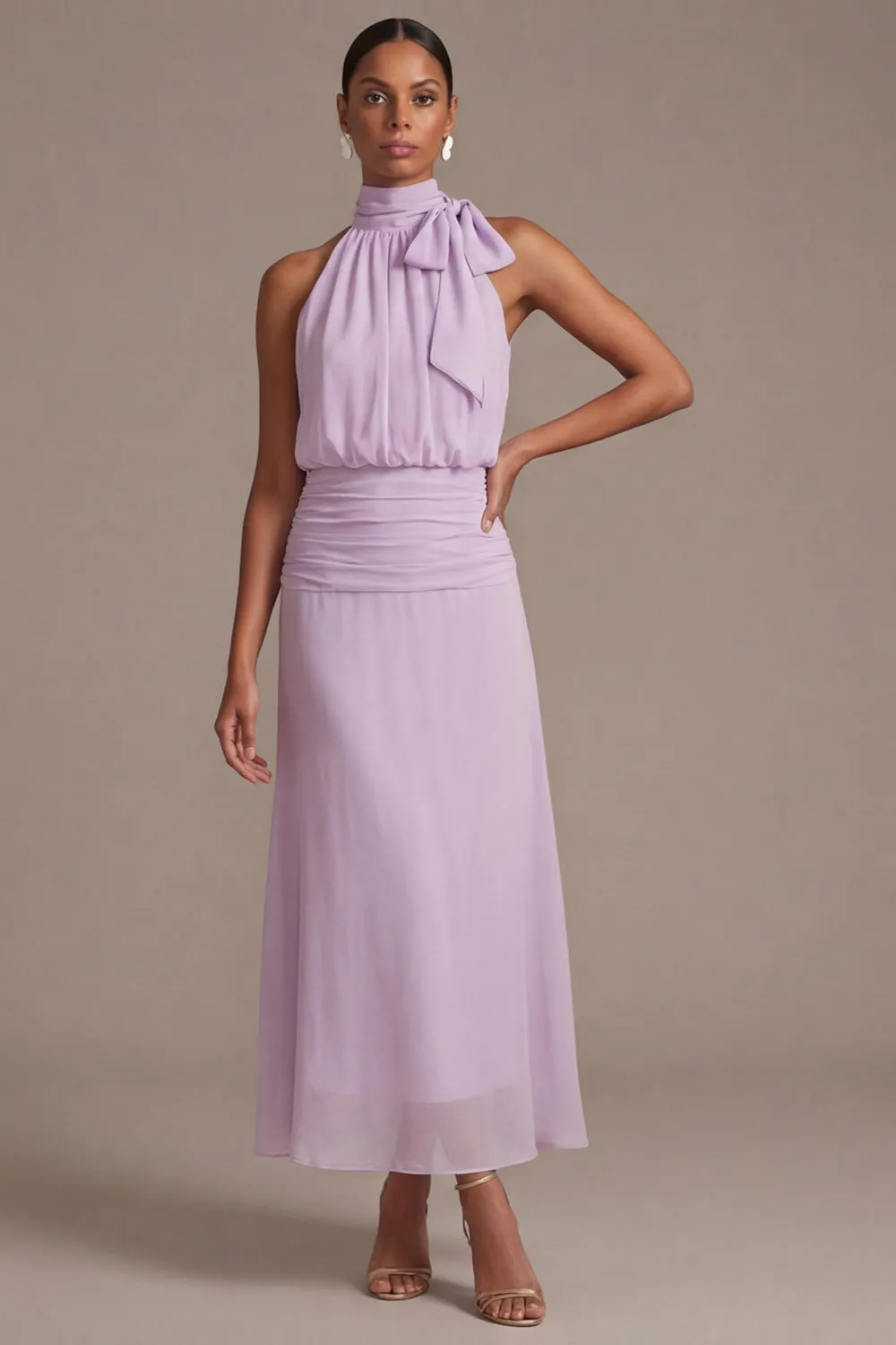 Lilac Floral A Line Halter Ruched Maxi Dress with Bow sold by Zapaka product image thumbnail 2
