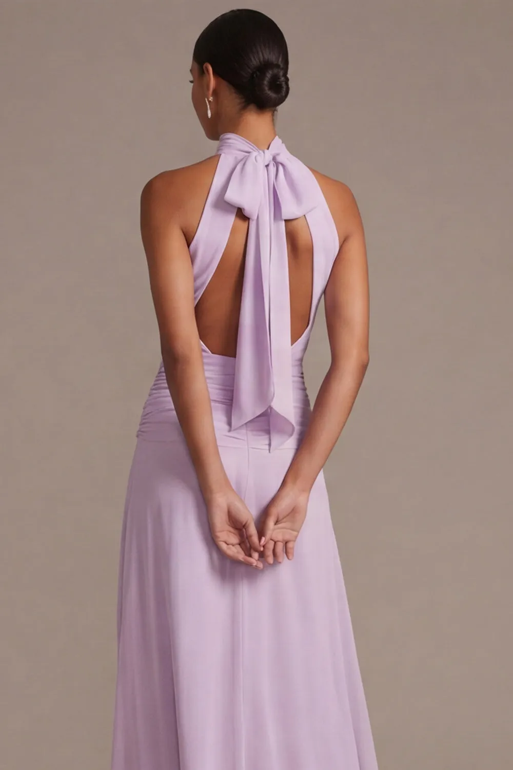 Lilac Floral A Line Halter Ruched Maxi Dress with Bow sold by Zapaka product image thumbnail 3