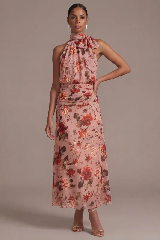 Lilac Floral A Line Halter Ruched Maxi Dress with Bow made by Zapaka