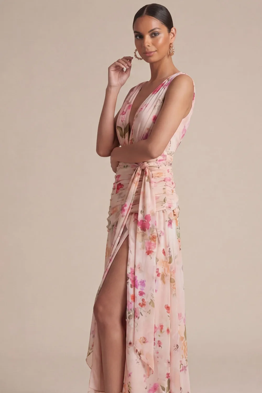 Peach Floral A Line V Neck Midi Dress with Sash sold by Zapaka product image thumbnail 3