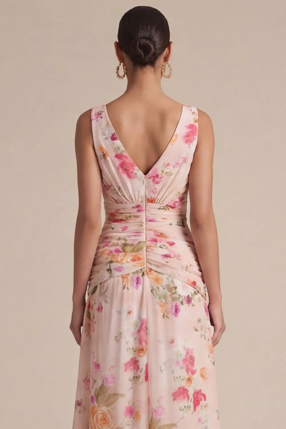 Peach Floral A Line V Neck Midi Dress with Sash sold by Zapaka product image thumbnail 4
