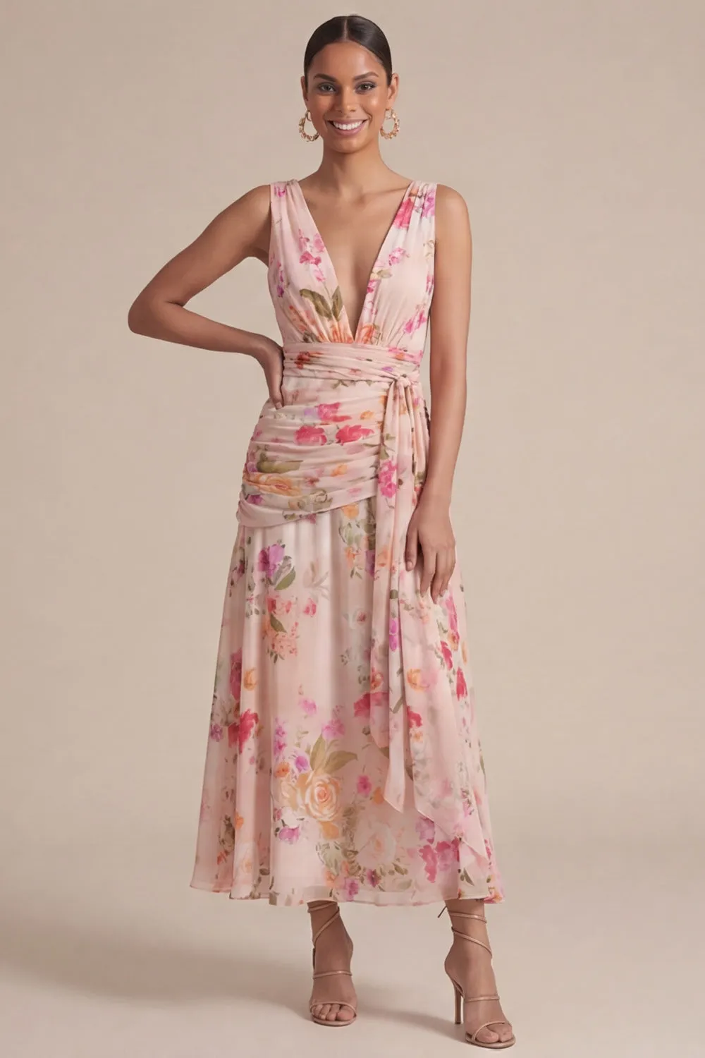 Peach Floral A Line V Neck Midi Dress with Sash sold by Zapaka