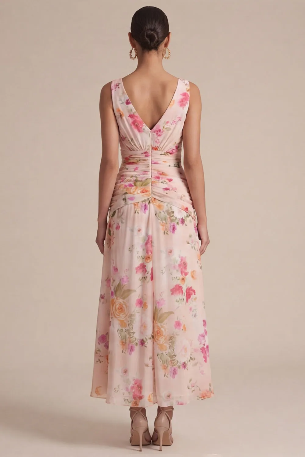 Peach Floral A Line V Neck Midi Dress with Sash sold by Zapaka product image thumbnail 2