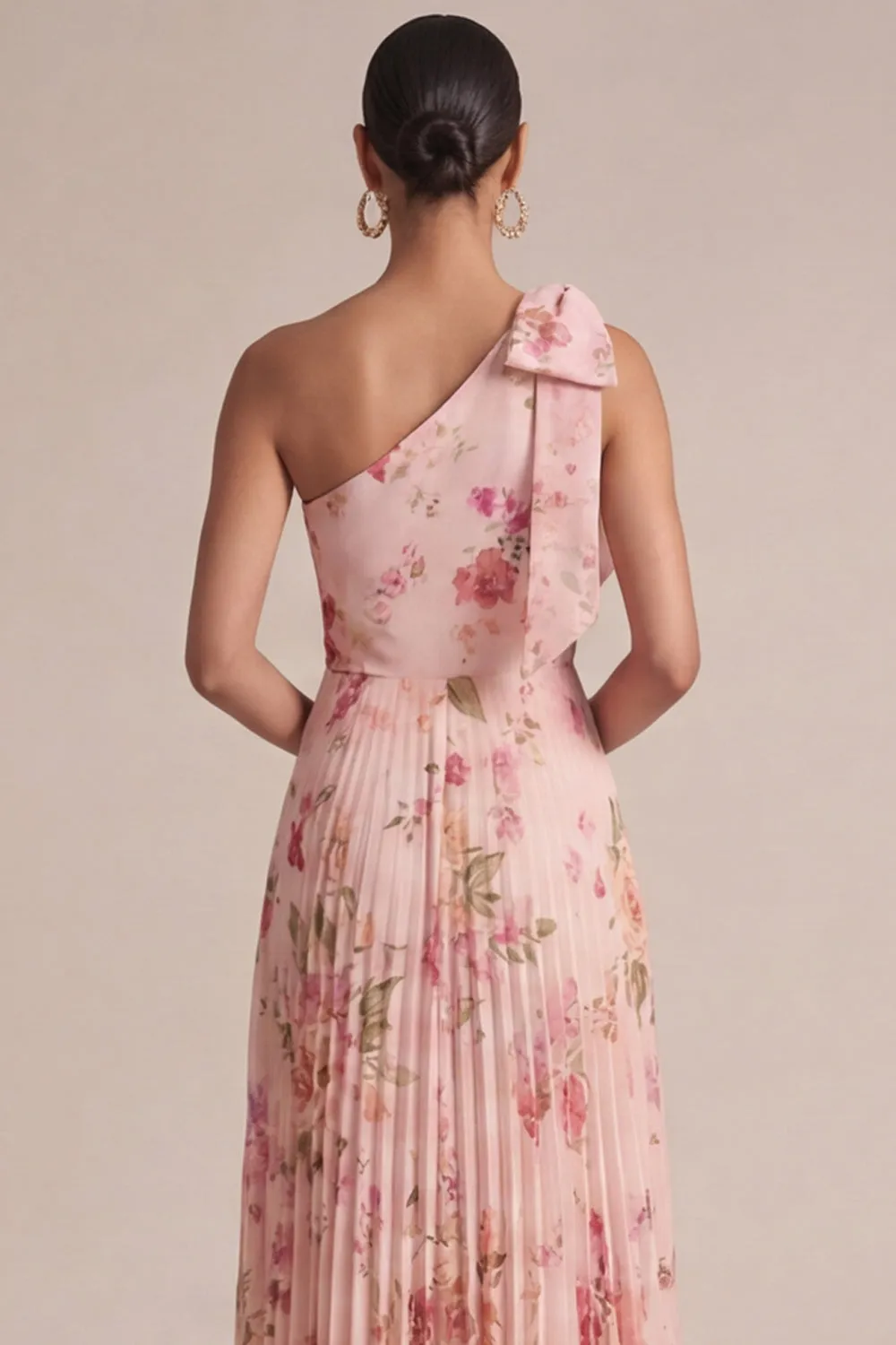 Peach One Shoulder Floral A Line Pleated Maxi with Bow sold by Zapaka product image thumbnail 4