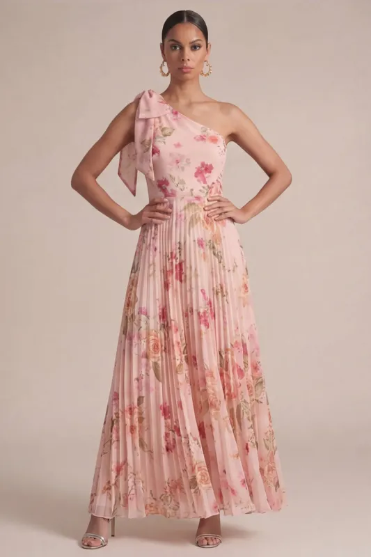 Peach One Shoulder Floral A Line Pleated Maxi with Bow made by Zapaka