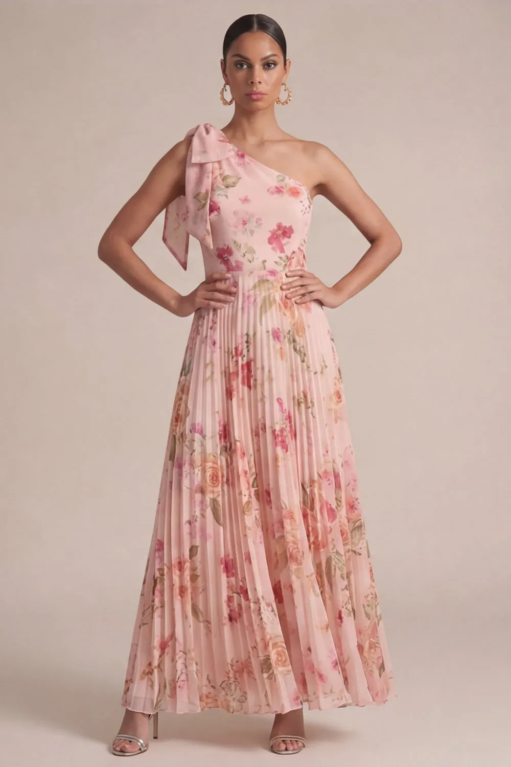 Peach One Shoulder Floral A Line Pleated Maxi with Bow sold by Zapaka
