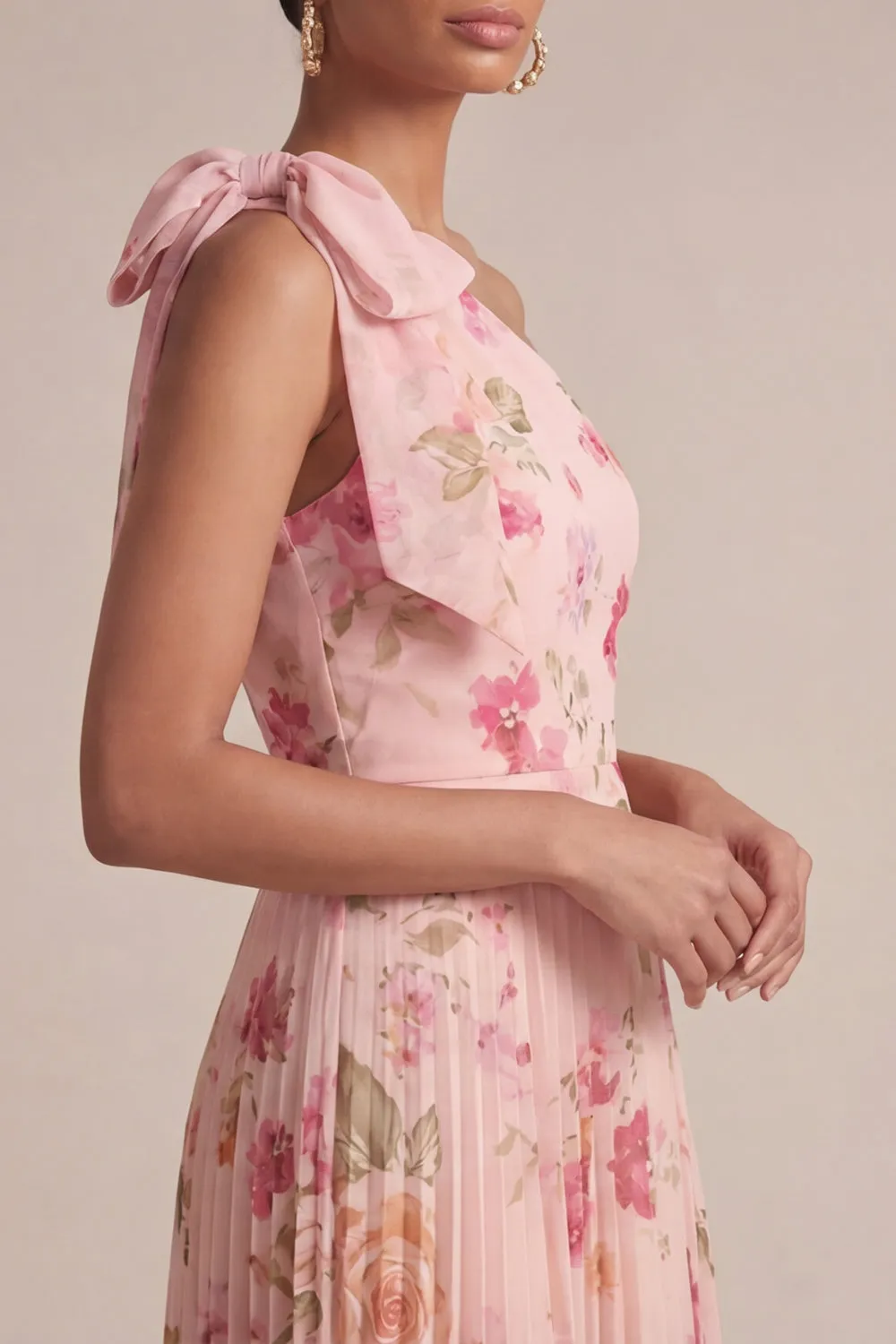 Peach One Shoulder Floral A Line Pleated Maxi with Bow sold by Zapaka product image thumbnail 5