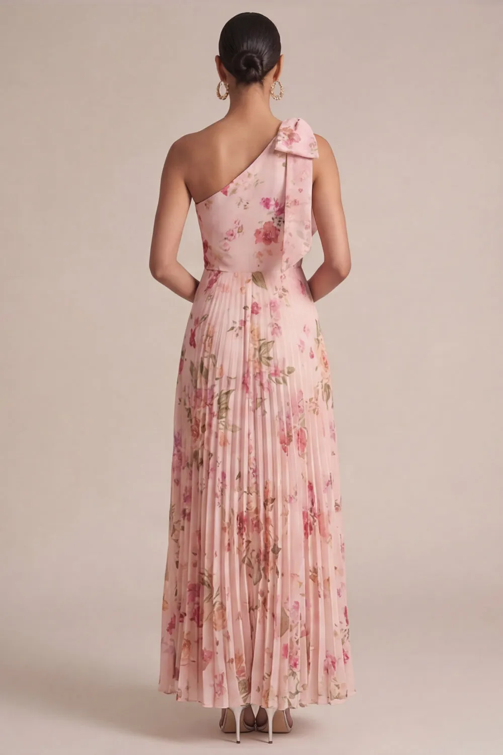 Peach One Shoulder Floral A Line Pleated Maxi with Bow sold by Zapaka product image thumbnail 2
