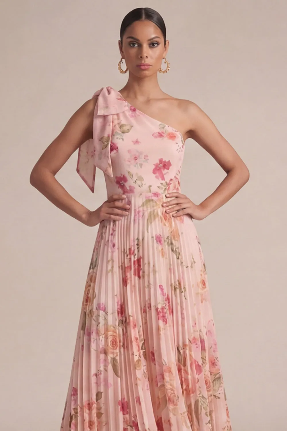 Peach One Shoulder Floral A Line Pleated Maxi with Bow sold by Zapaka product image thumbnail 3
