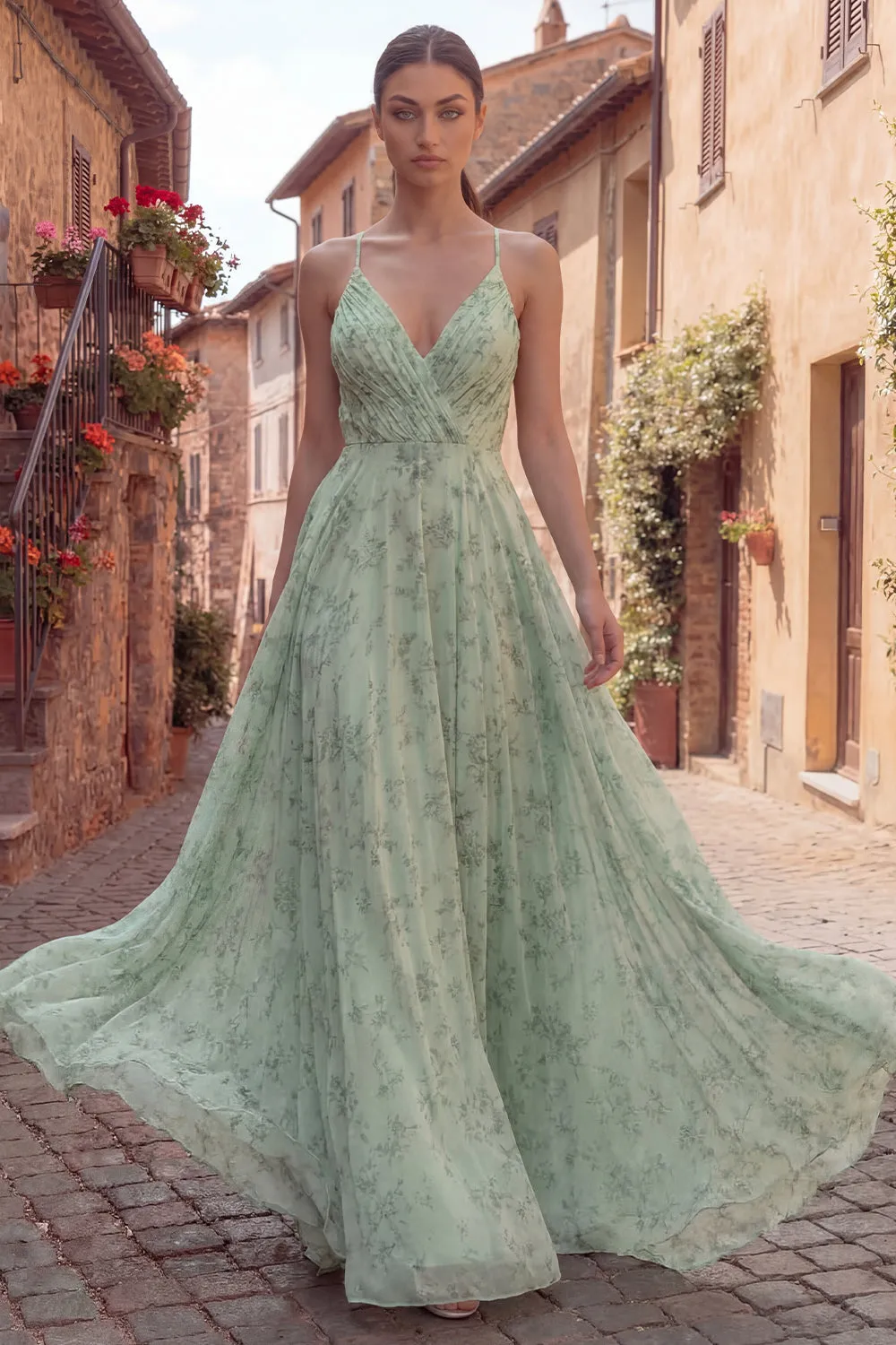 Dusty Sage Floral Spaghetti Straps Maxi Dress sold by Zapaka