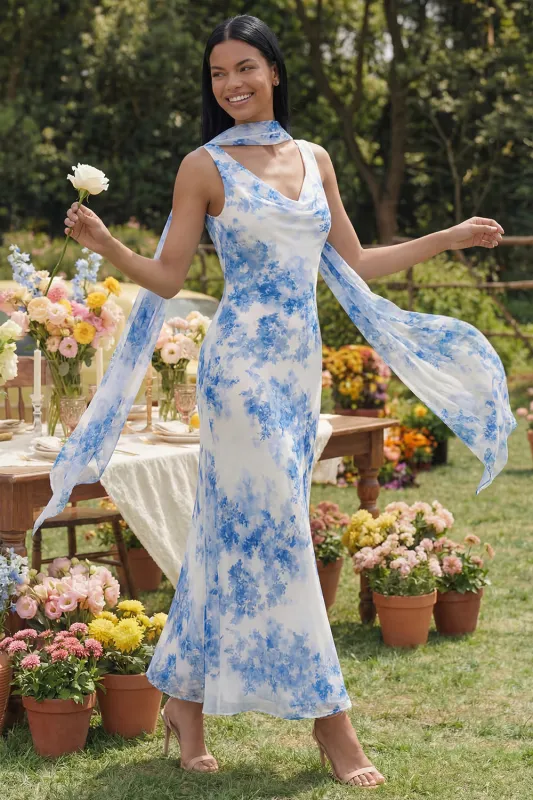 White Blue Flower V-Neck Sheath Chiffon Maxi Dress with Neck Scarf made by Zapaka
