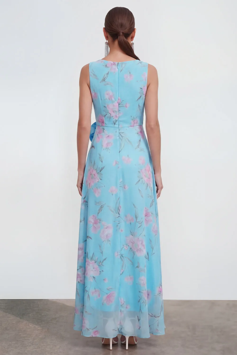 Blue A-Line 3D Flower Printed Chiffon Maxi Dress with Ruffle Slit sold by Zapaka product image thumbnail 2