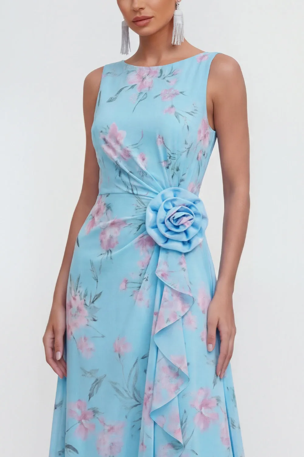 Blue A-Line 3D Flower Printed Chiffon Maxi Dress with Ruffle Slit sold by Zapaka product image thumbnail 3