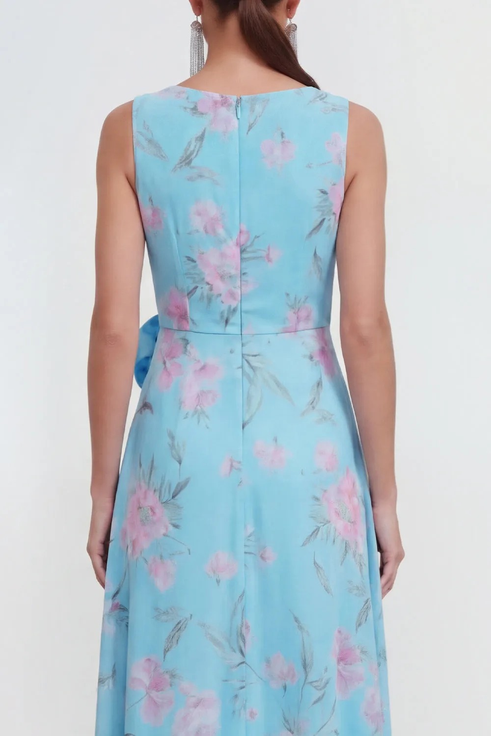 Blue A-Line 3D Flower Printed Chiffon Maxi Dress with Ruffle Slit sold by Zapaka product image thumbnail 4