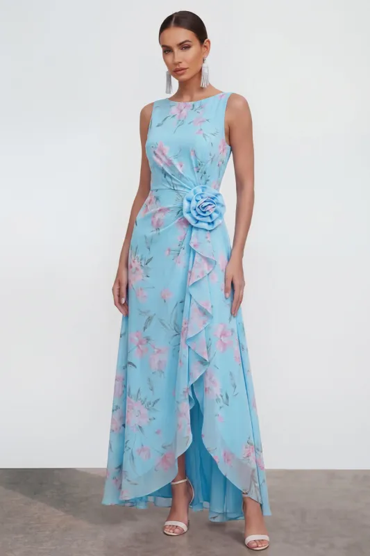 Blue A-Line 3D Flower Printed Chiffon Maxi Dress with Ruffle Slit made by Zapaka