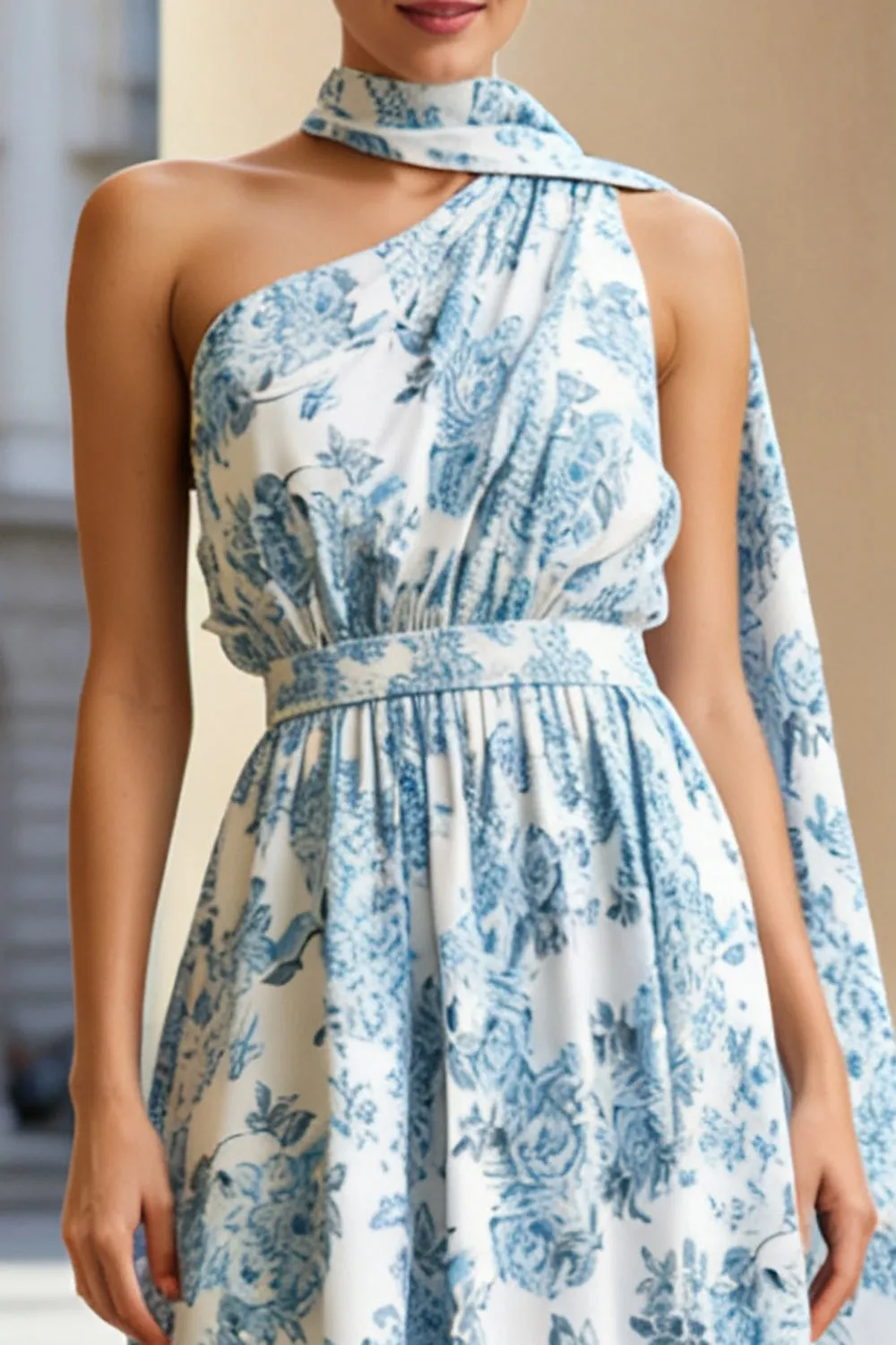 White Blue Flower A Line One Shoulder Print Convertible Midi Dress with Streamer sold by Zapaka product image thumbnail 3