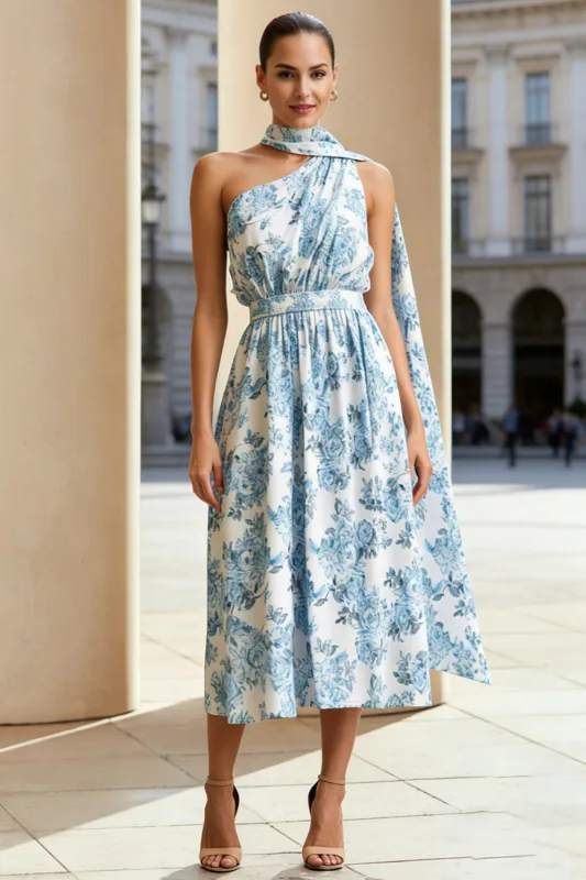 White Blue Flower A Line One Shoulder Print Convertible Midi Dress with Streamer made by Zapaka