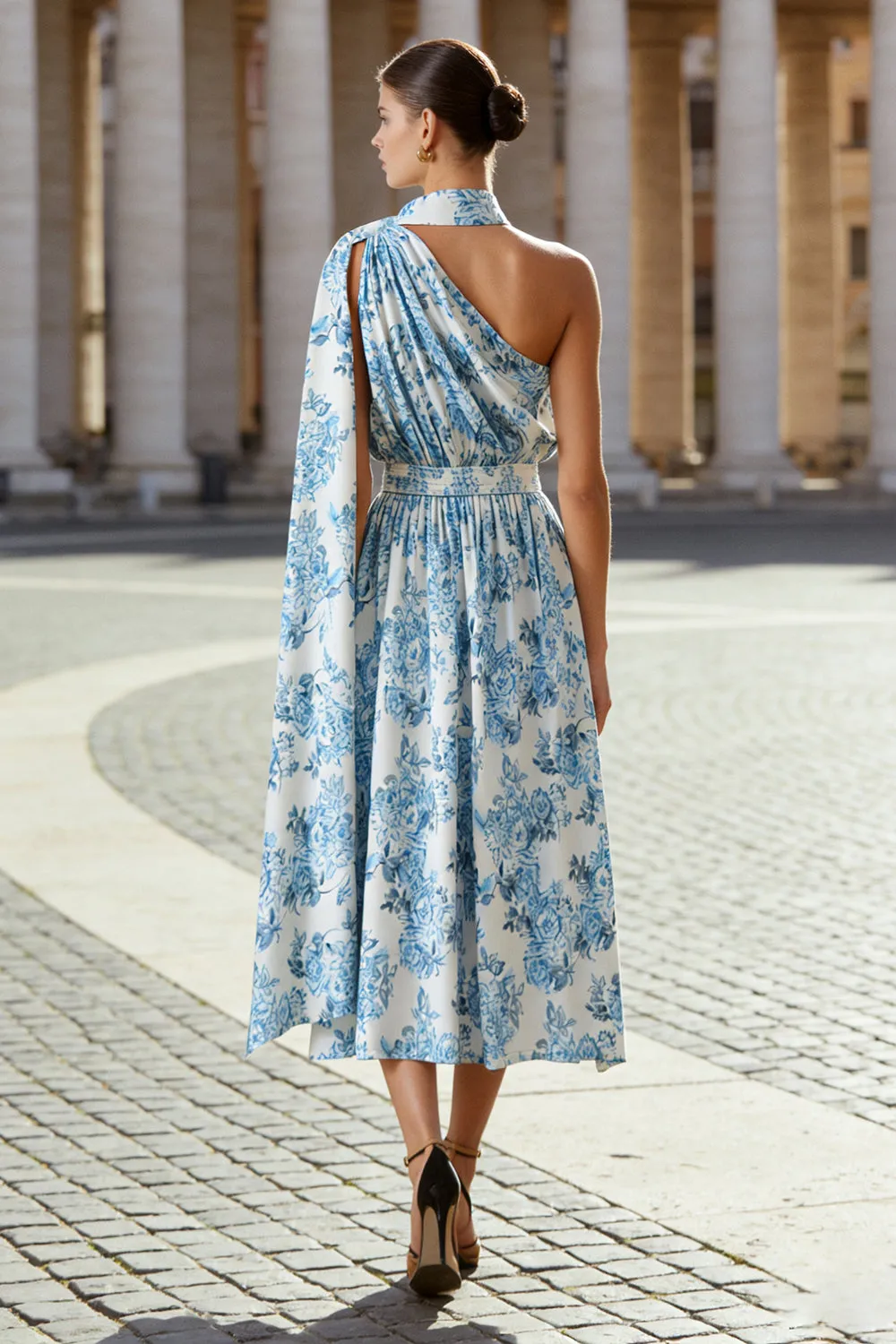 White Blue Flower A Line One Shoulder Print Convertible Midi Dress with Streamer sold by Zapaka product image thumbnail 2