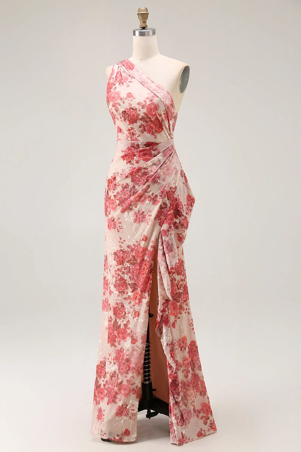 Champagne Floral One Shoulder Sheath Maxi Dress with Slit sold by Zapaka product image thumbnail 3