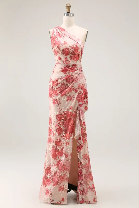 Champagne Floral One Shoulder Sheath Maxi Dress with Slit made by Zapaka