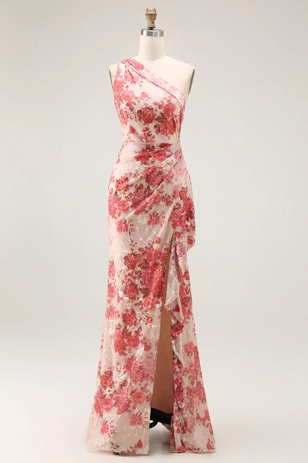 Champagne Floral One Shoulder Sheath Maxi Dress with Slit sold by Zapaka