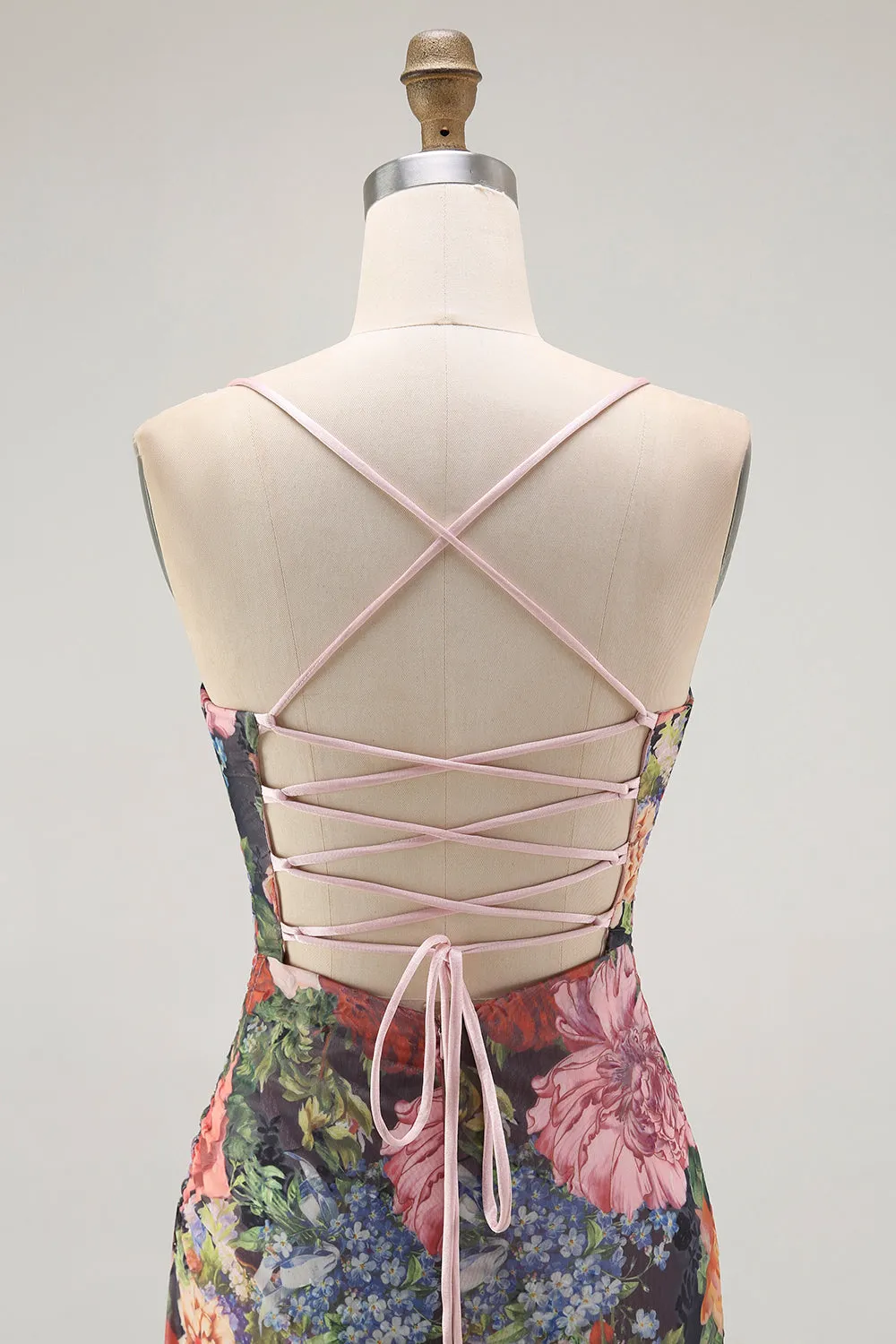 Sheath Spaghetti Straps Floral Ruched Maxi Dress with Lace Up Back sold by Zapaka product image thumbnail 5