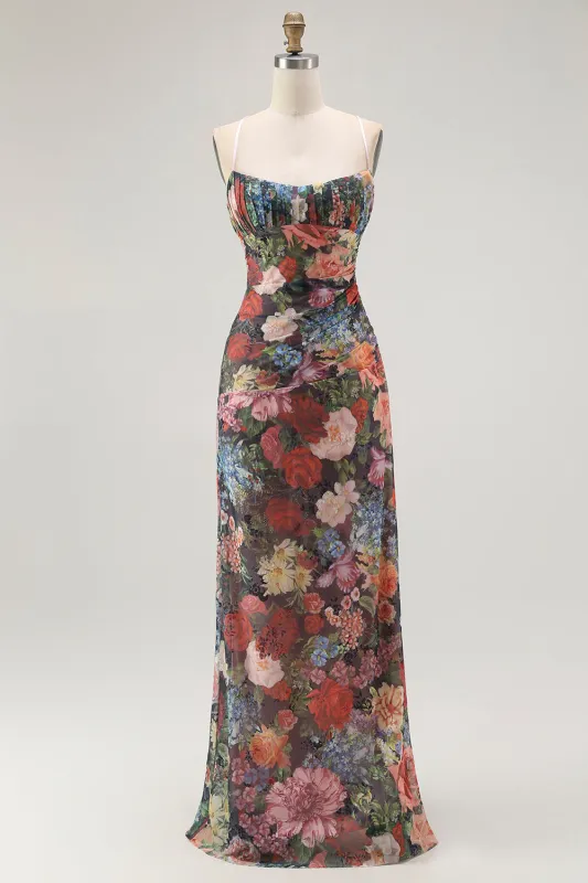 Sheath Spaghetti Straps Floral Ruched Maxi Dress with Lace Up Back made by Zapaka