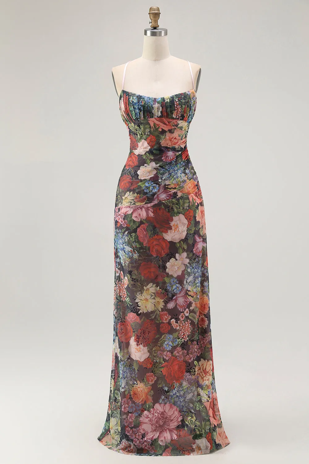 Sheath Spaghetti Straps Floral Ruched Maxi Dress with Lace Up Back sold by Zapaka