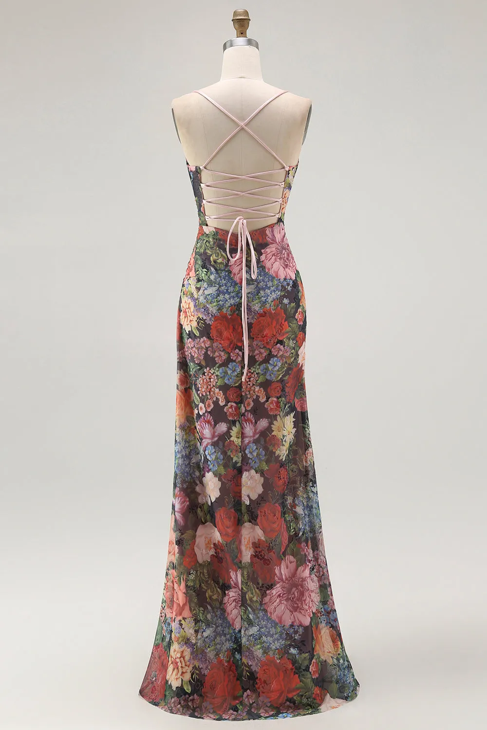 Sheath Spaghetti Straps Floral Ruched Maxi Dress with Lace Up Back sold by Zapaka product image thumbnail 2