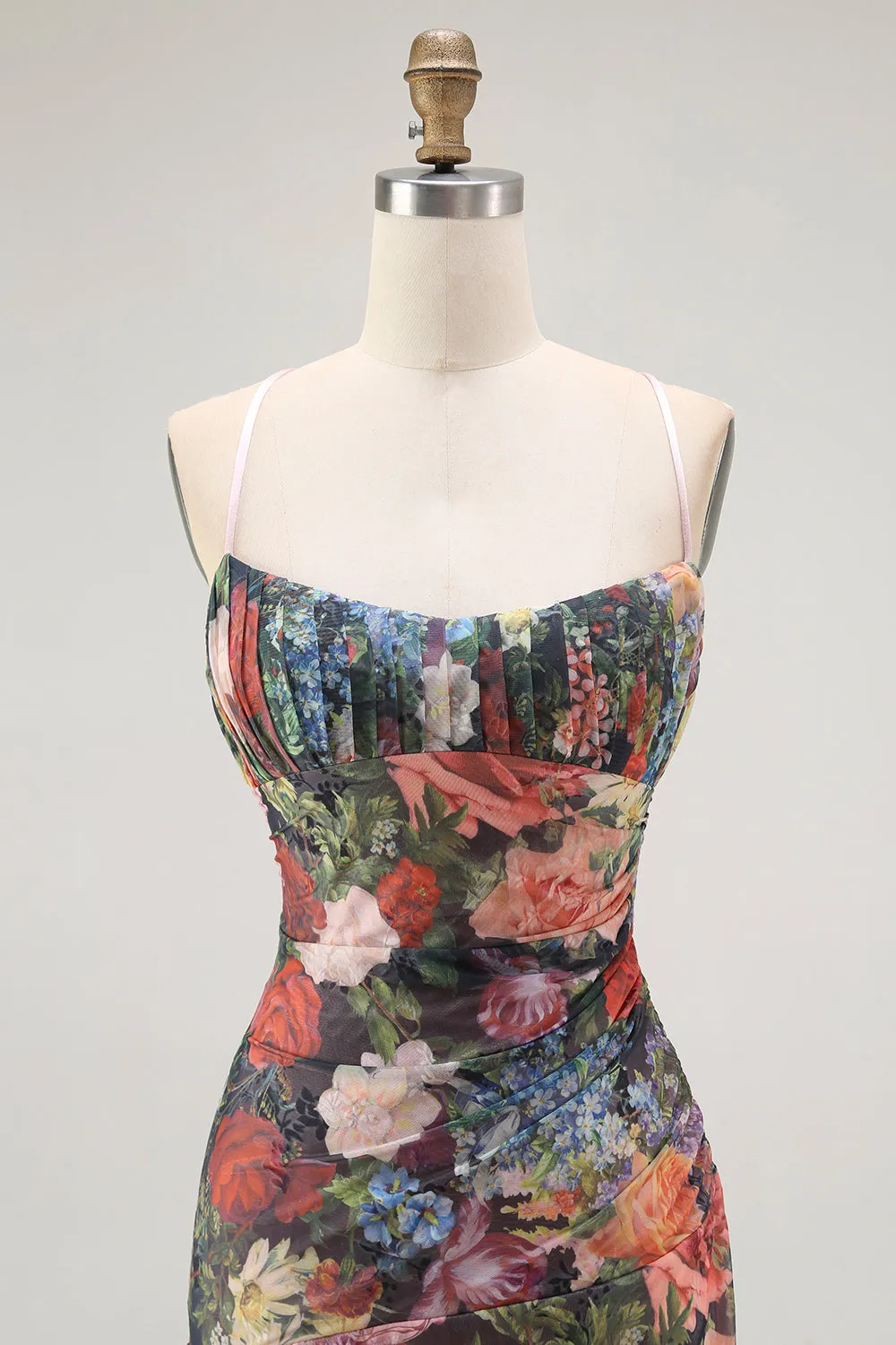 Sheath Spaghetti Straps Floral Ruched Maxi Dress with Lace Up Back sold by Zapaka product image thumbnail 4