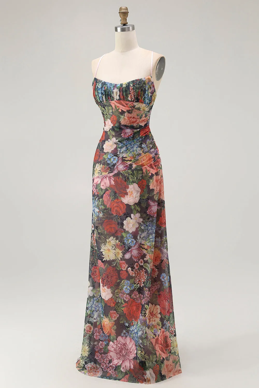 Sheath Spaghetti Straps Floral Ruched Maxi Dress with Lace Up Back sold by Zapaka product image thumbnail 3