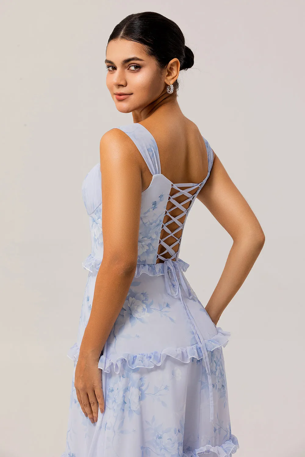 Blue Floral Ruffled A Line Corset Maxi Dress sold by Zapaka product image thumbnail 5