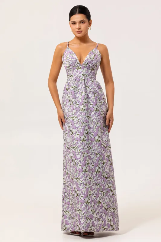 Purple Floral A Line Printed Spaghetti Straps Maxi Dress made by Zapaka